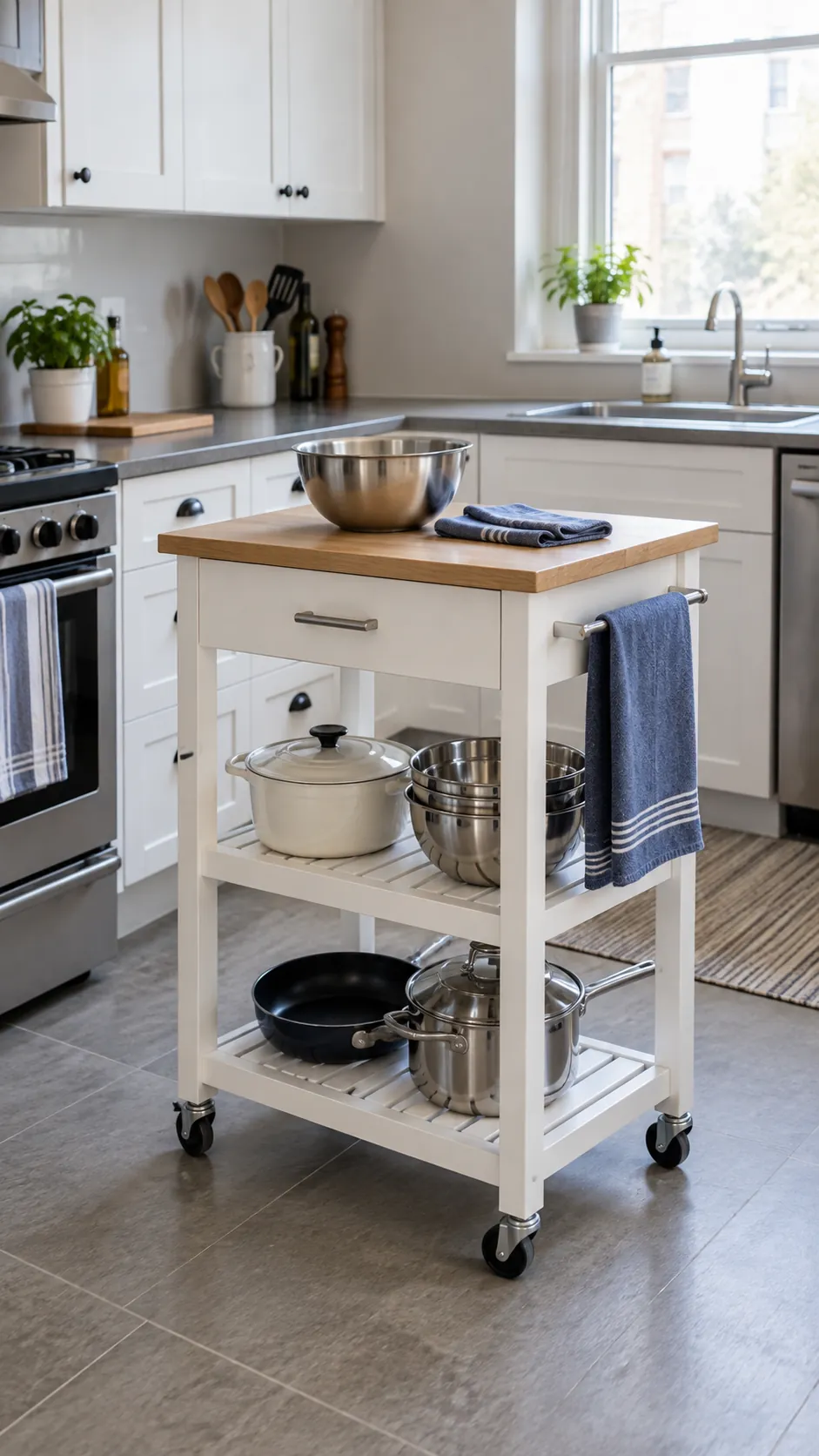 Kitchen cart adding preparation and storage space in a small kitchen