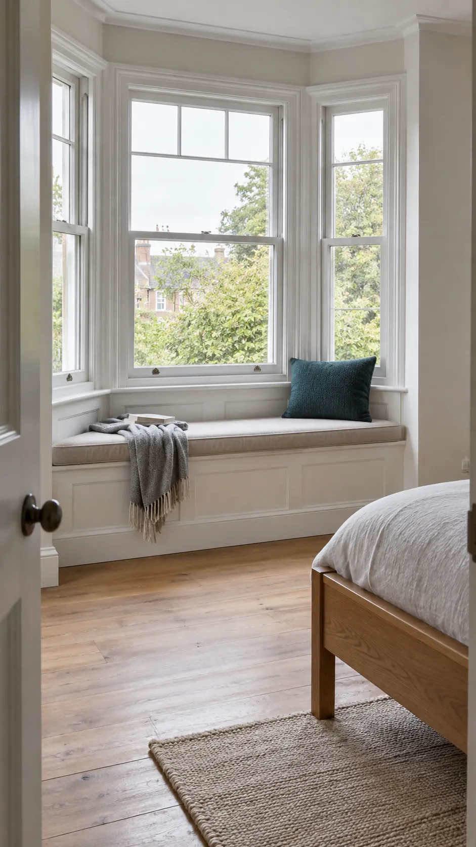 Comfortable bedroom window nook with a cream bench and teal cushion