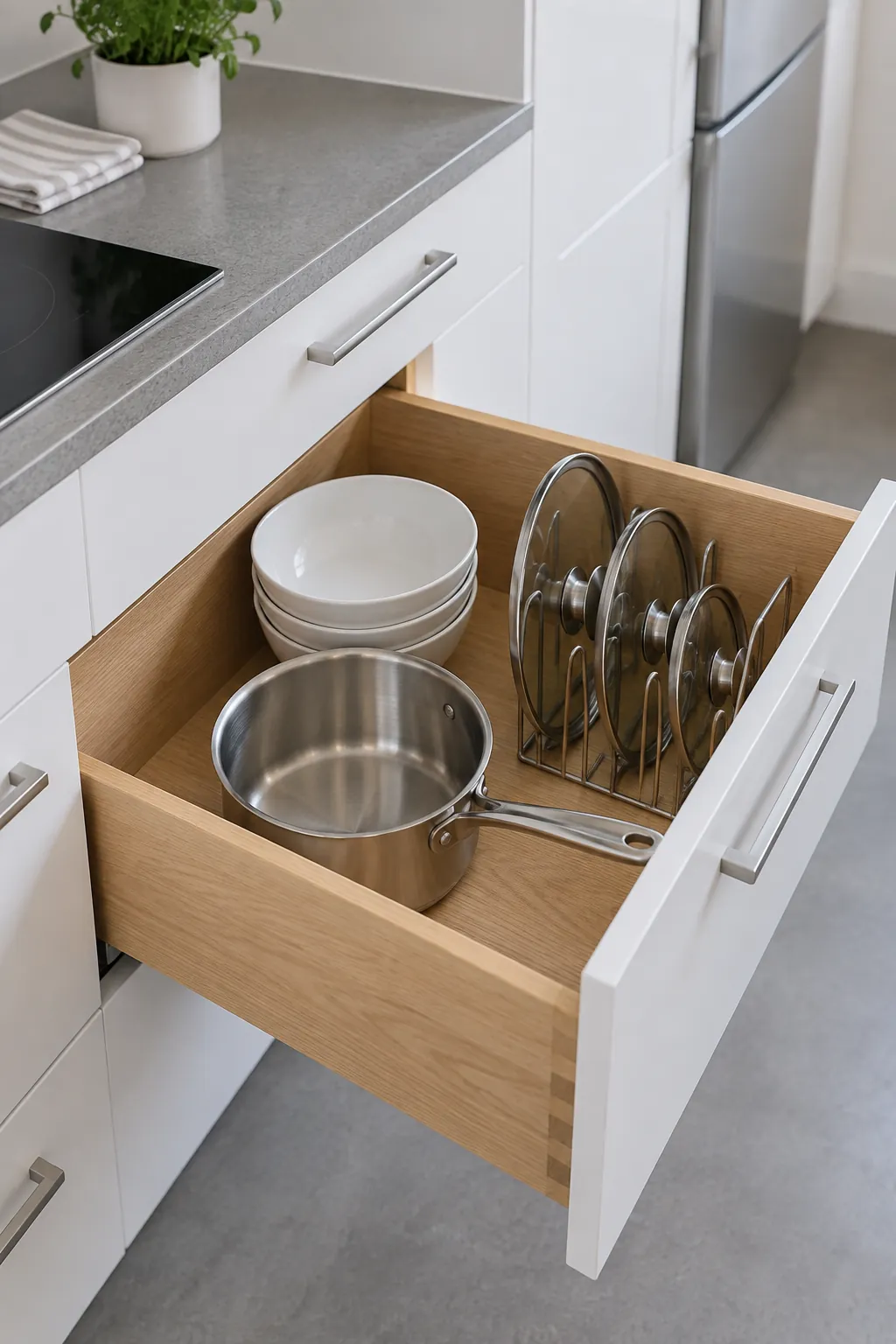 Organized deep kitchen drawer with accessible dishes and cookware