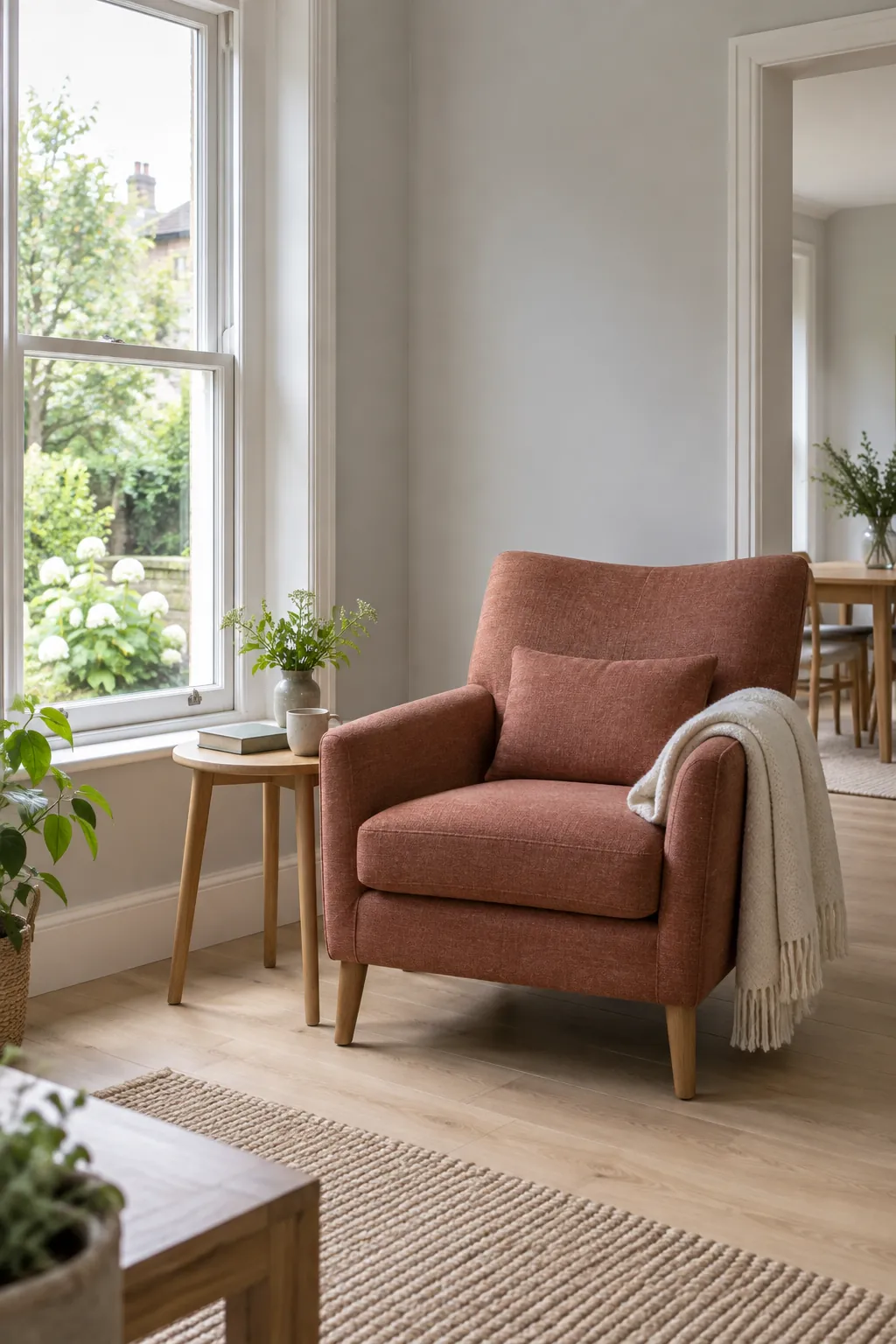 Comfortable terracotta reading chair beside a bright living room window