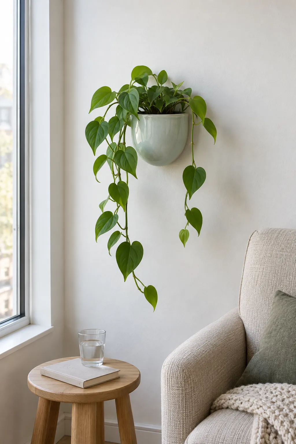 Celadon ceramic wall planter with trailing philodendron beside a reading chair