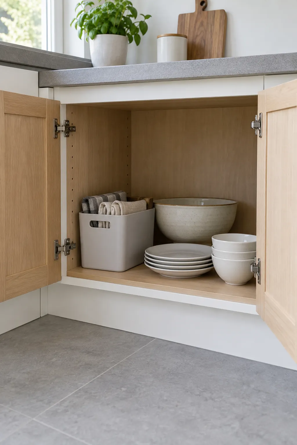 Deep kitchen cabinet arranged for accessible dishes and grouped storage