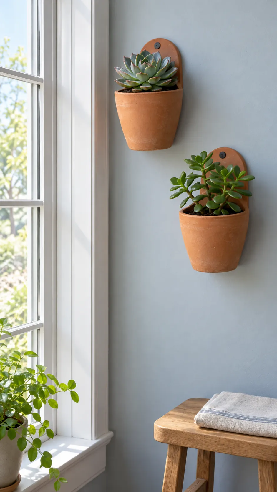 Two accessible succulent wall pockets beside a bright sunroom window