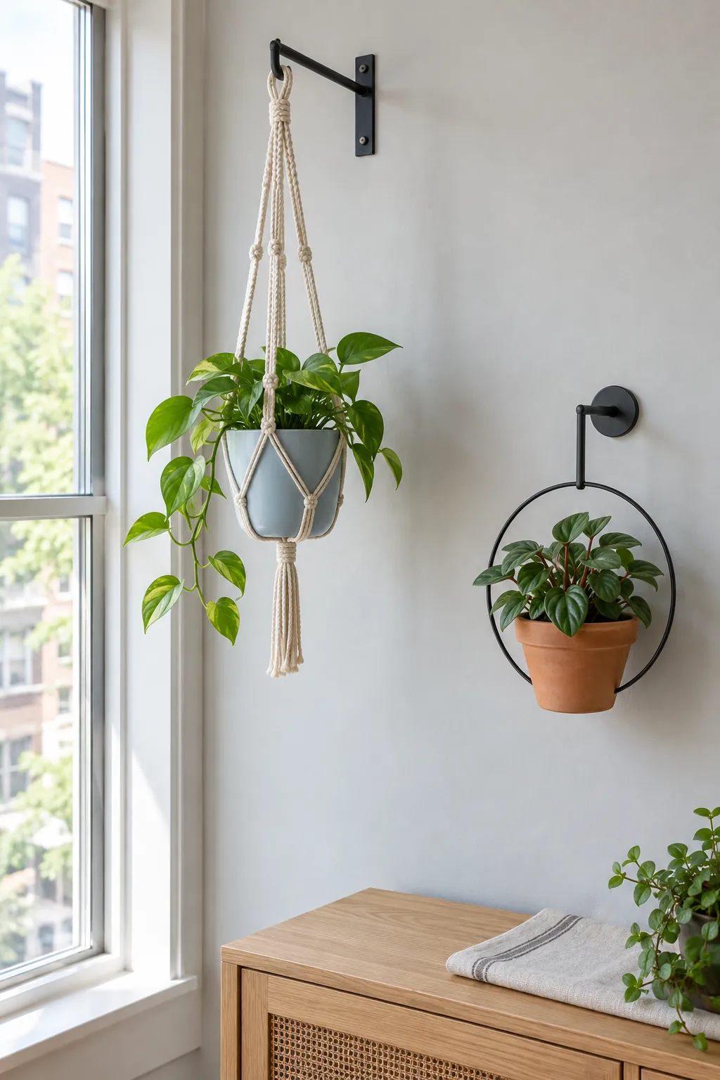 Cotton hanger and metal ring wall planters in a bright small apartment