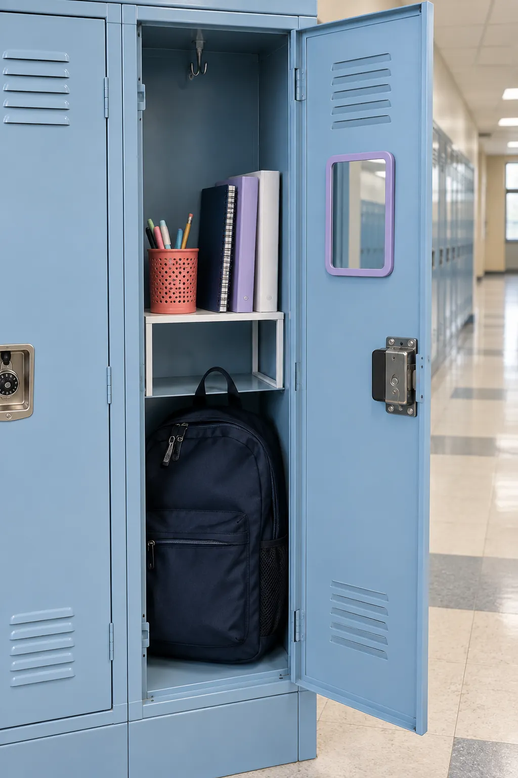 Decorated school locker with magnetic accessories and organized notebooks