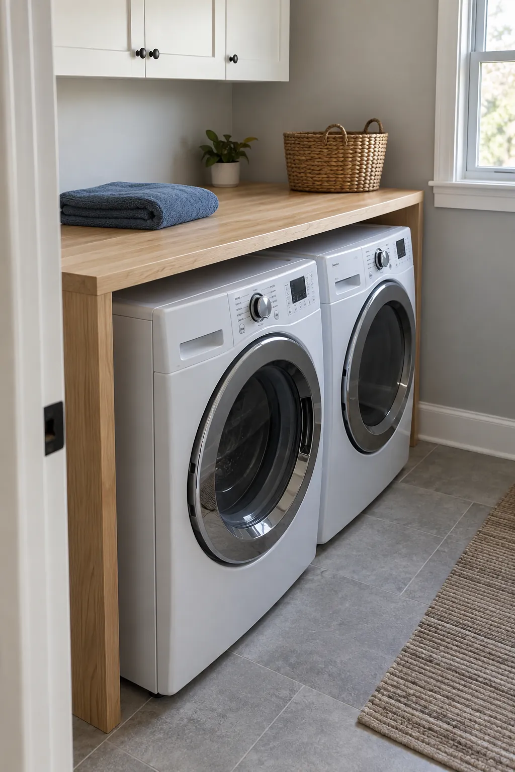 Wooden folding shelf supported independently above a washer and dryer