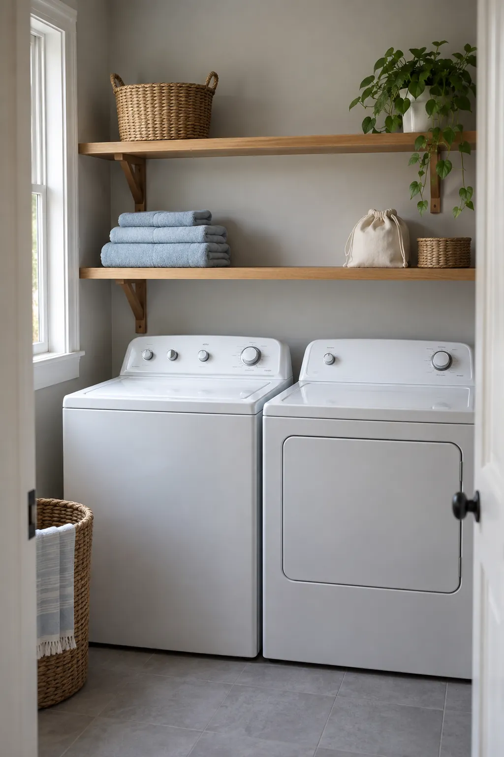 Simple laundry shelf decor with baskets and folded blue towels