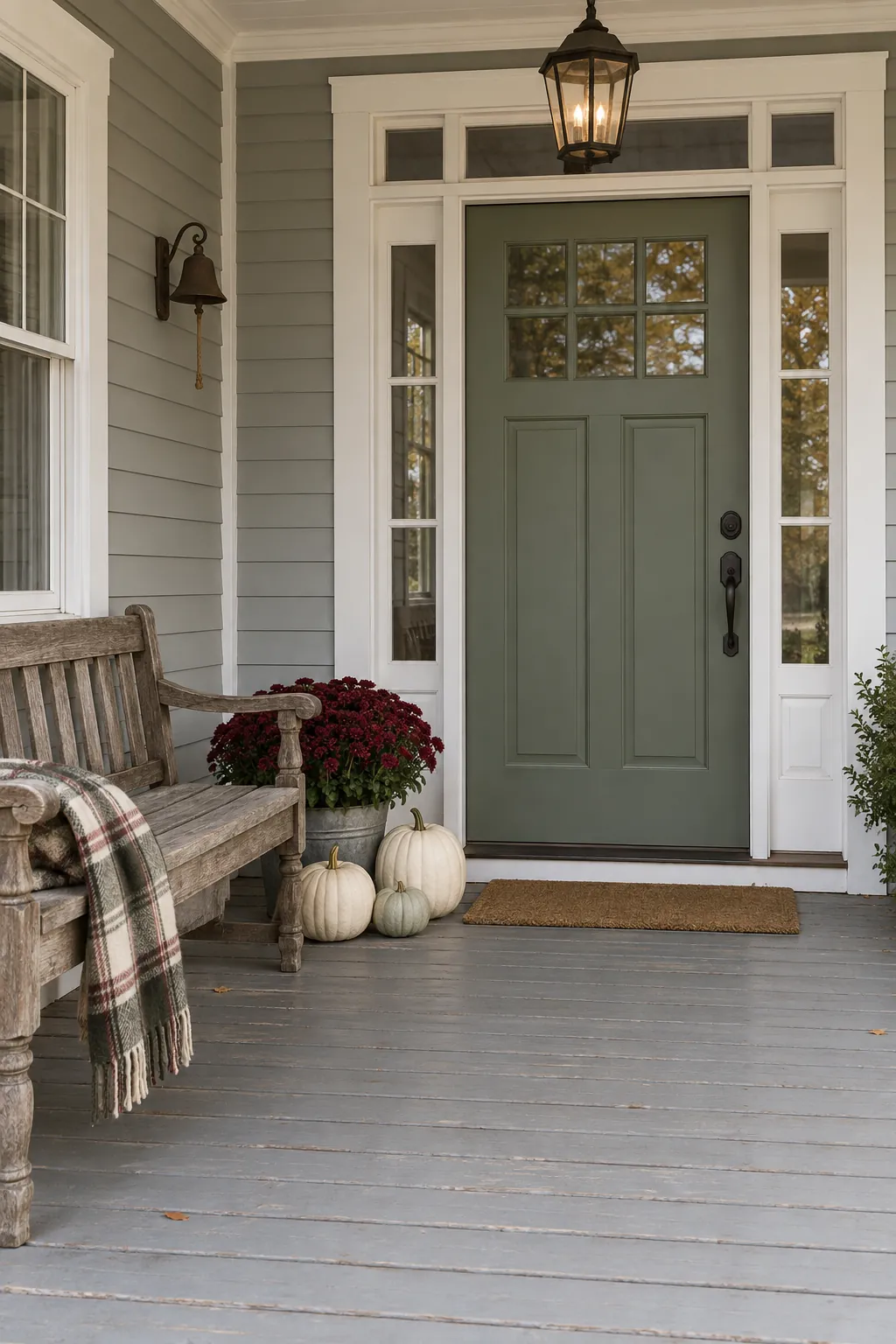 Vintage fall porch with a wooden bench, pale pumpkins and burgundy mums