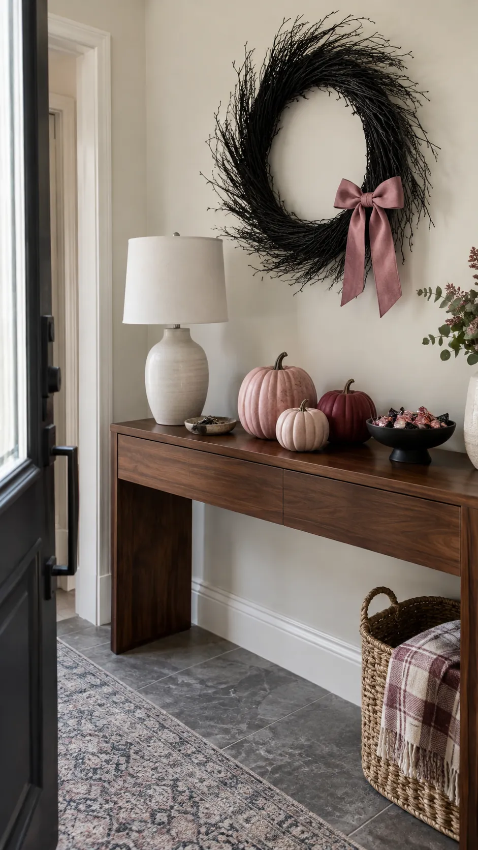Pink pumpkins and a ribbon wreath decorating a home entry for Halloween