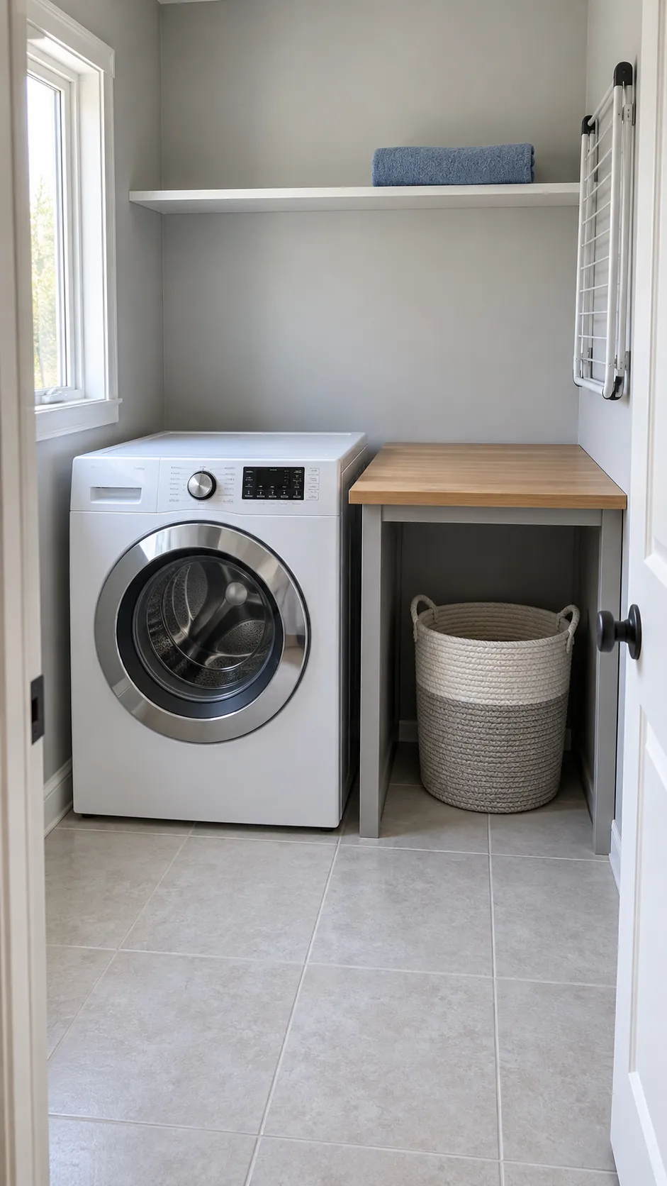 Compact functional laundry room with a clear floor and useful storage