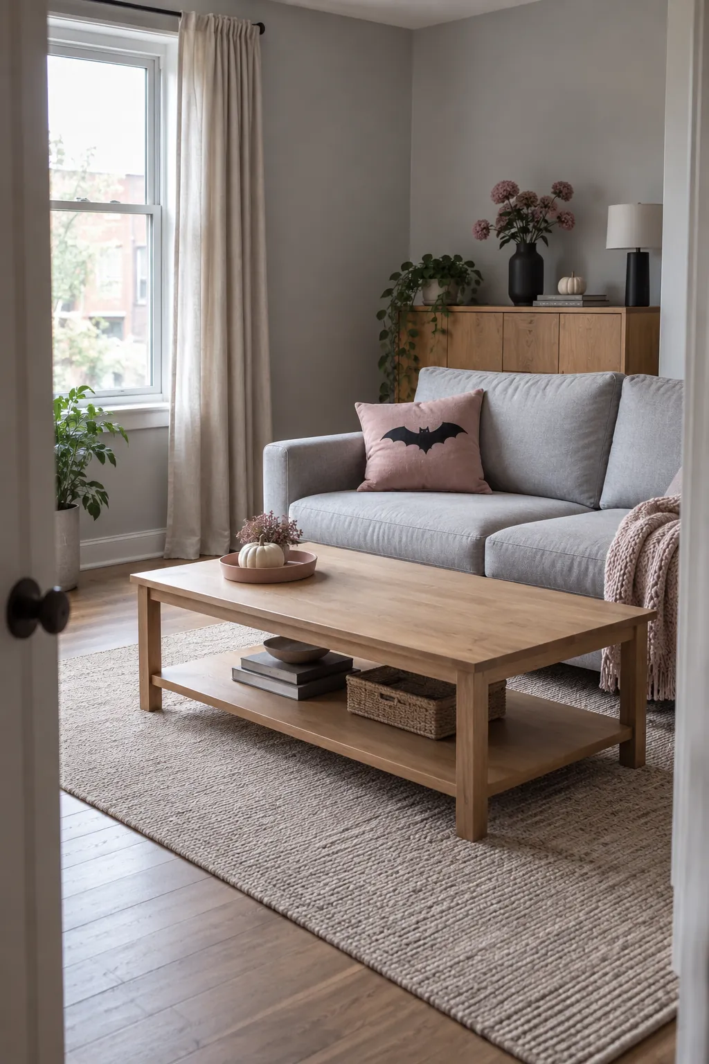 Comfortable living room with restrained pink Halloween accents and clear seating