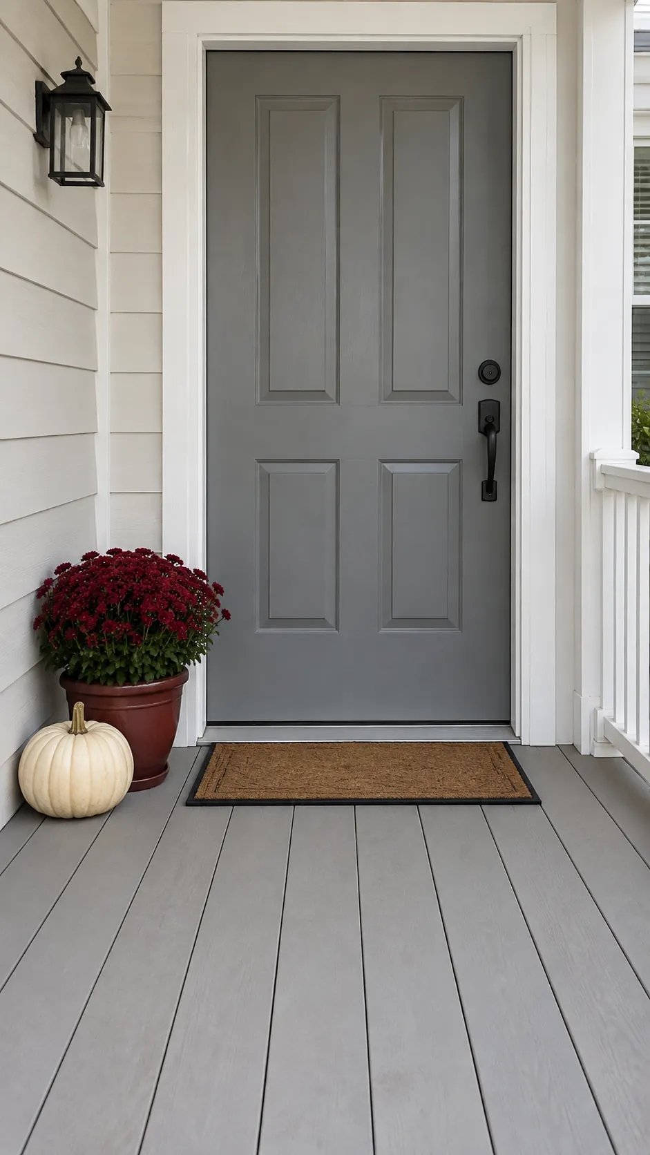 Affordable fall porch with one flower pot, a pumpkin and a clear entry