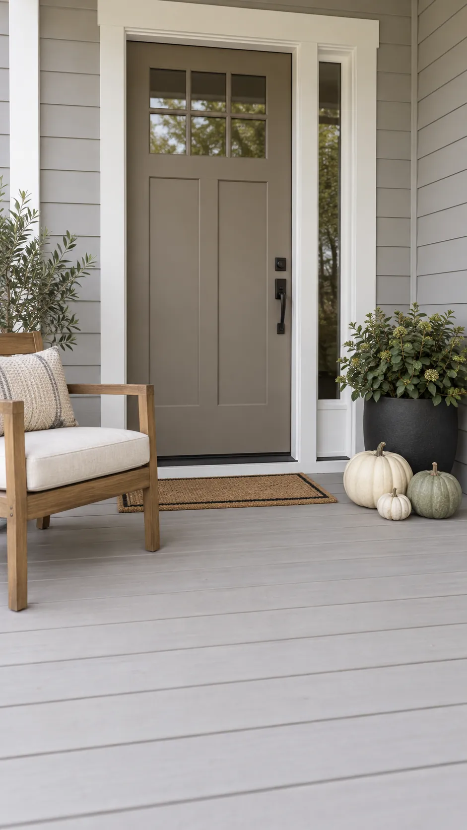 Neutral fall porch with cream pumpkins, natural wood and a clear entrance