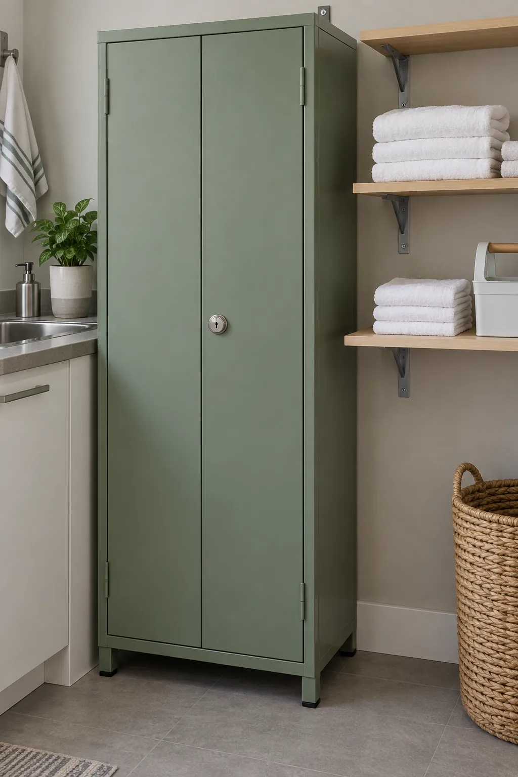 Lockable utility cabinet beside a separate shelf for dry cleaning cloths