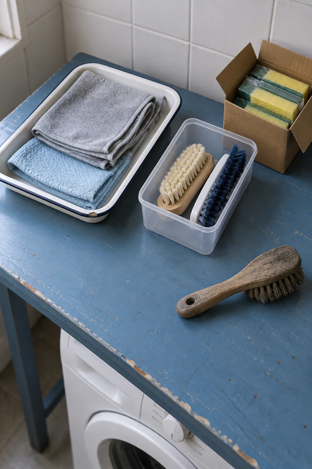 Dry cleaning cloths and brushes sorted into separate shallow trays