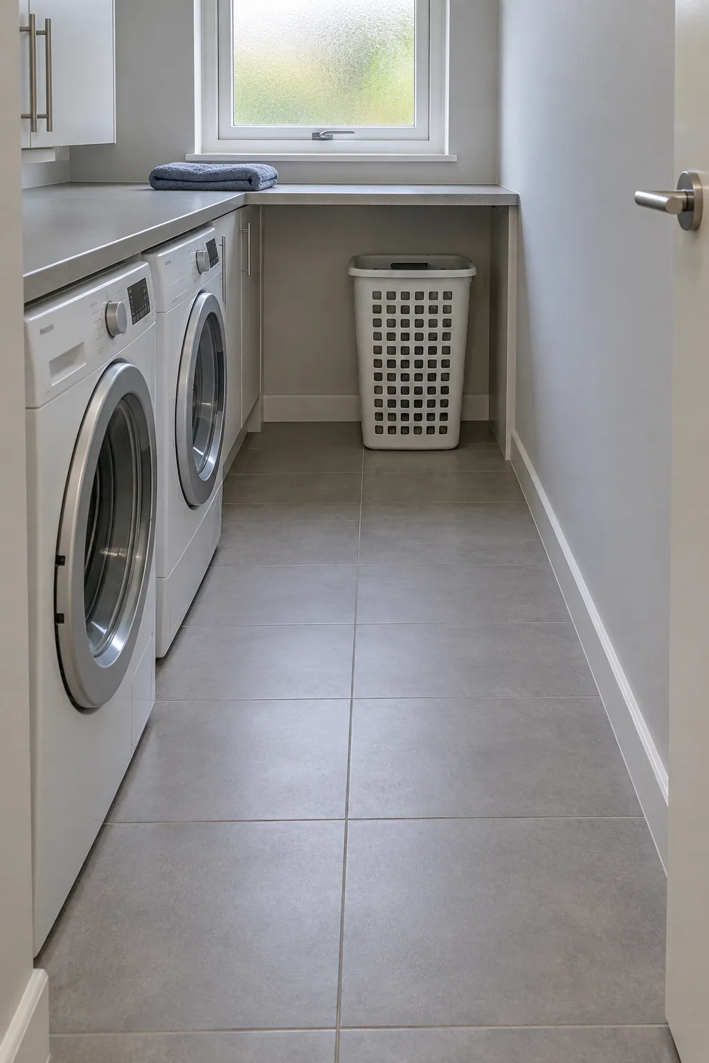 Small utility room with an open walkway beside laundry appliances