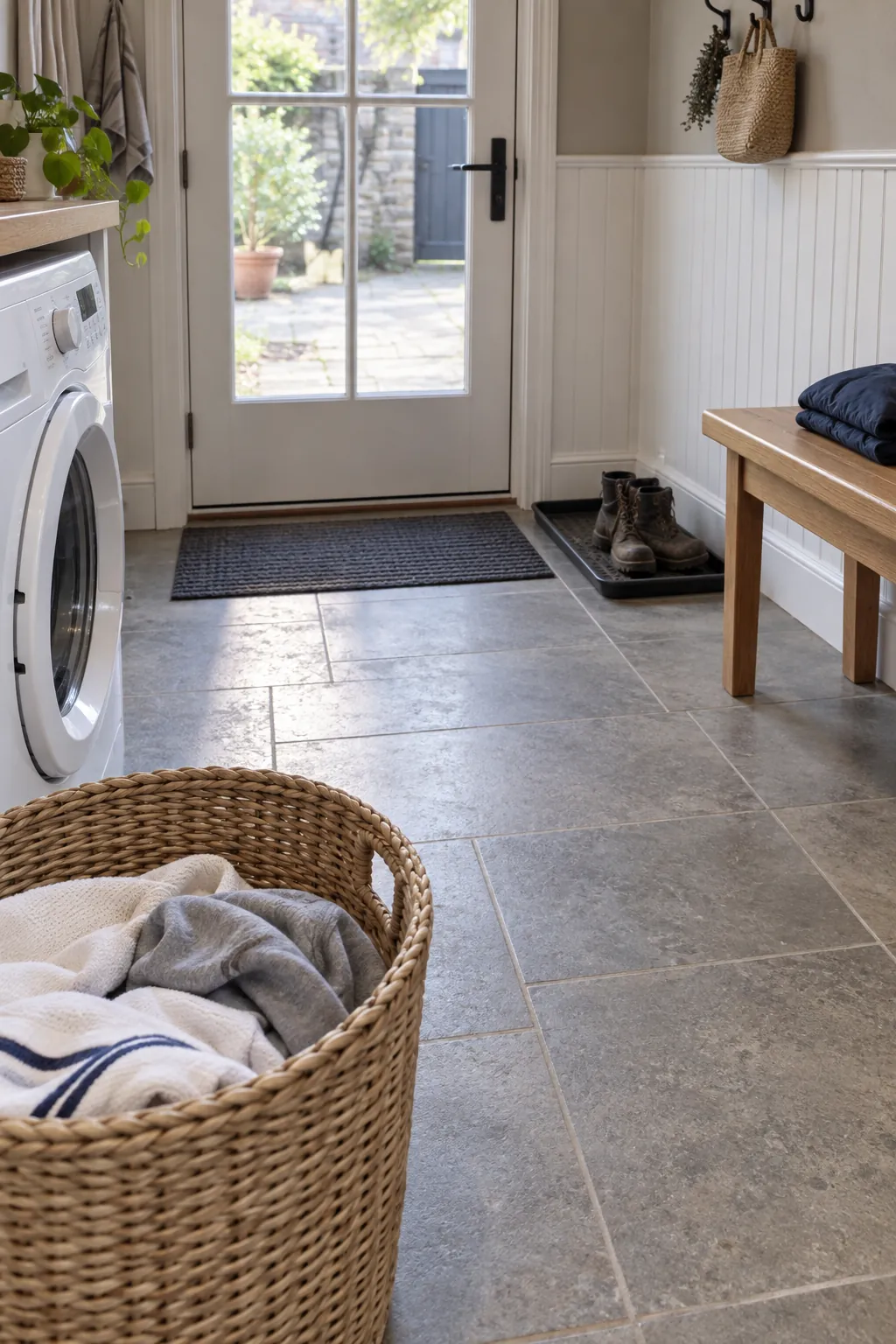 Separate shoe tray and laundry basket in a practical utility entrance