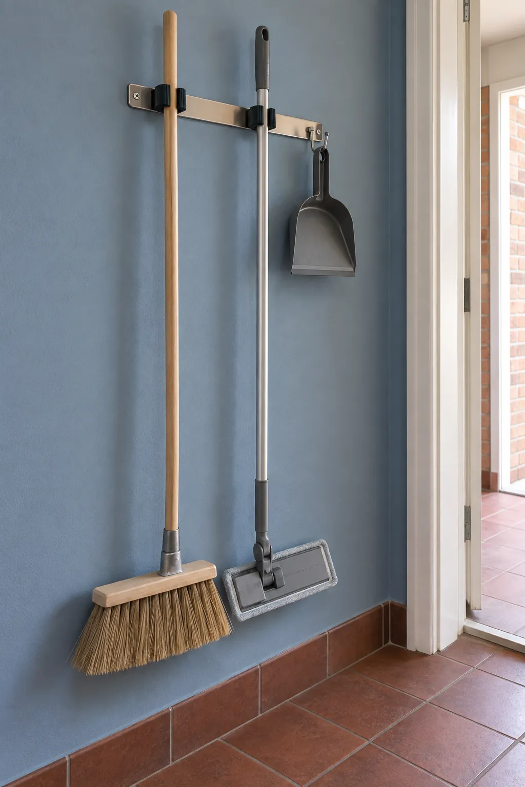 Broom and dry mop stored separately on a narrow utility wall