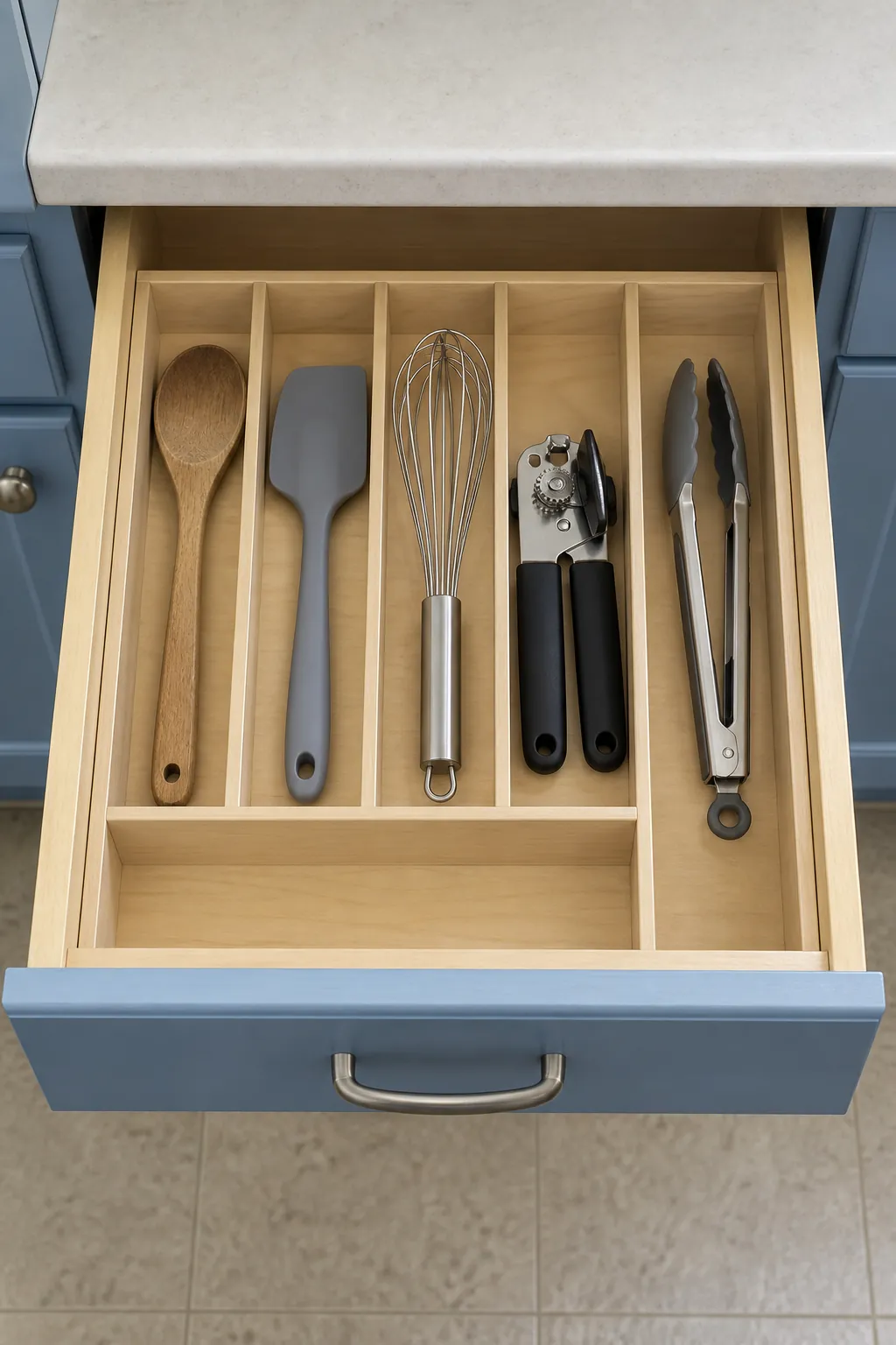 One kitchen drawer holding a small selection of useful utensils