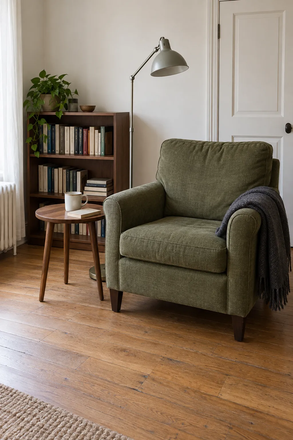 Comfortable reading chair and favorite books in a simple lived in room