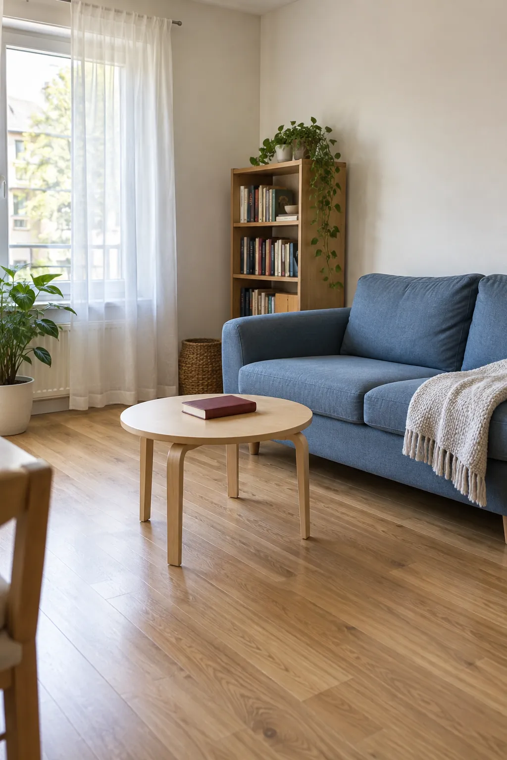 Comfortable simple living room with useful furniture and a clear floor