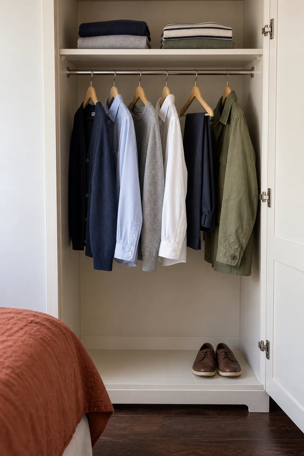 Everyday clothes hanging with comfortable gaps in a modest wardrobe