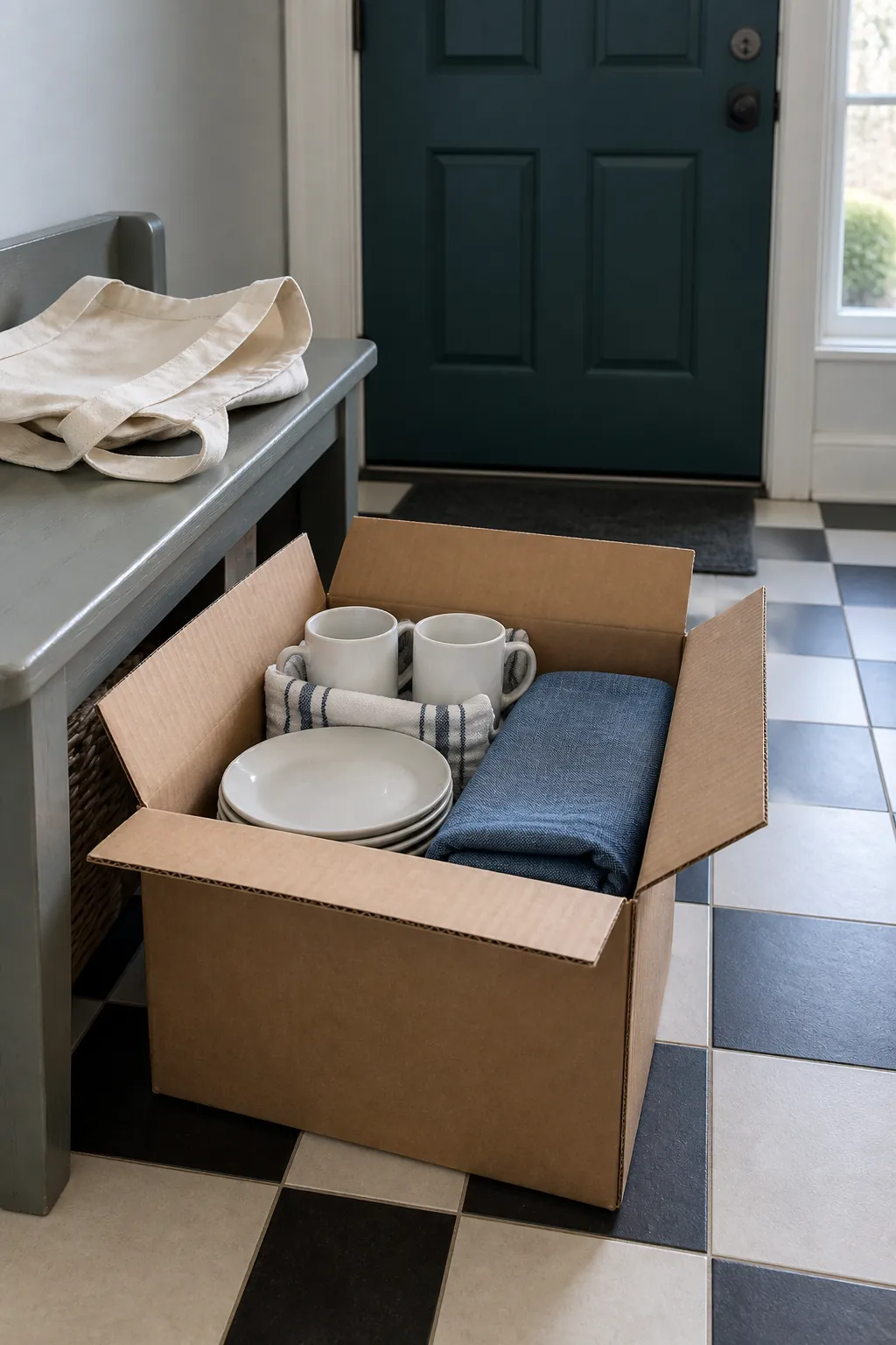 Small box of clean household donations placed beside an entry bench
