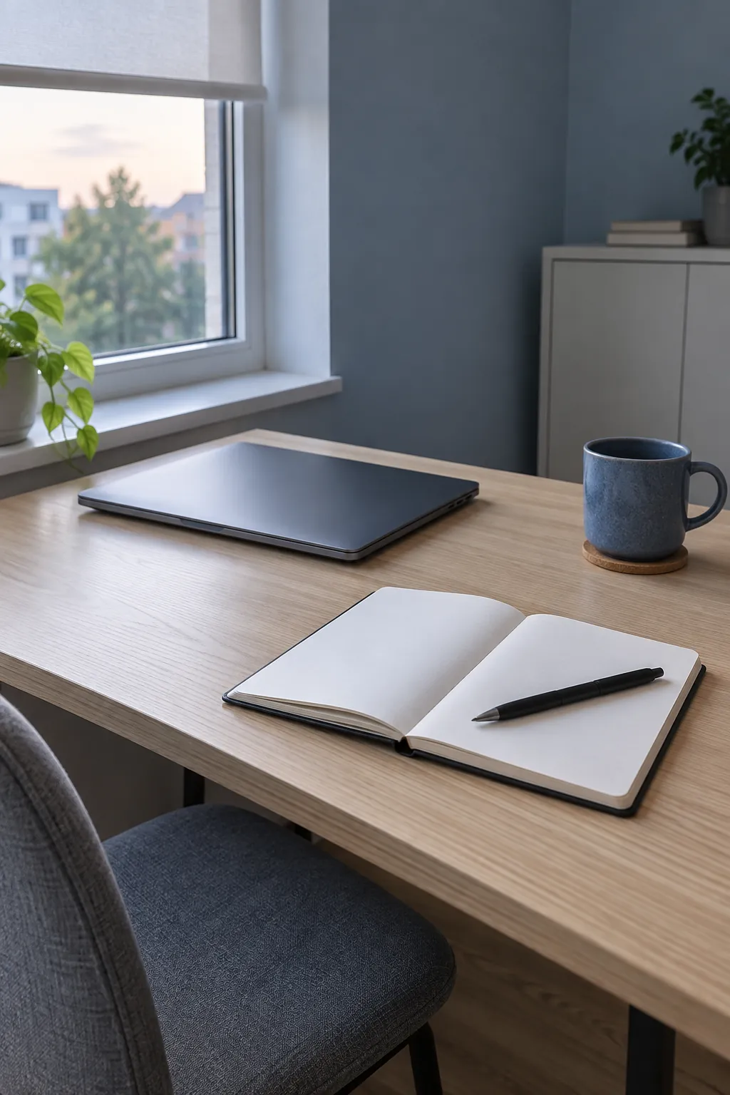 Simple desk with a closed laptop and notebook for considering purchases