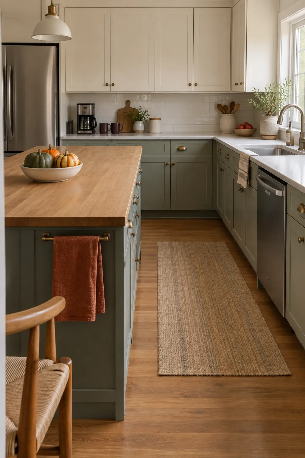 Practical fall kitchen decor with a small pumpkin bowl, rust towel, and clear cooking space