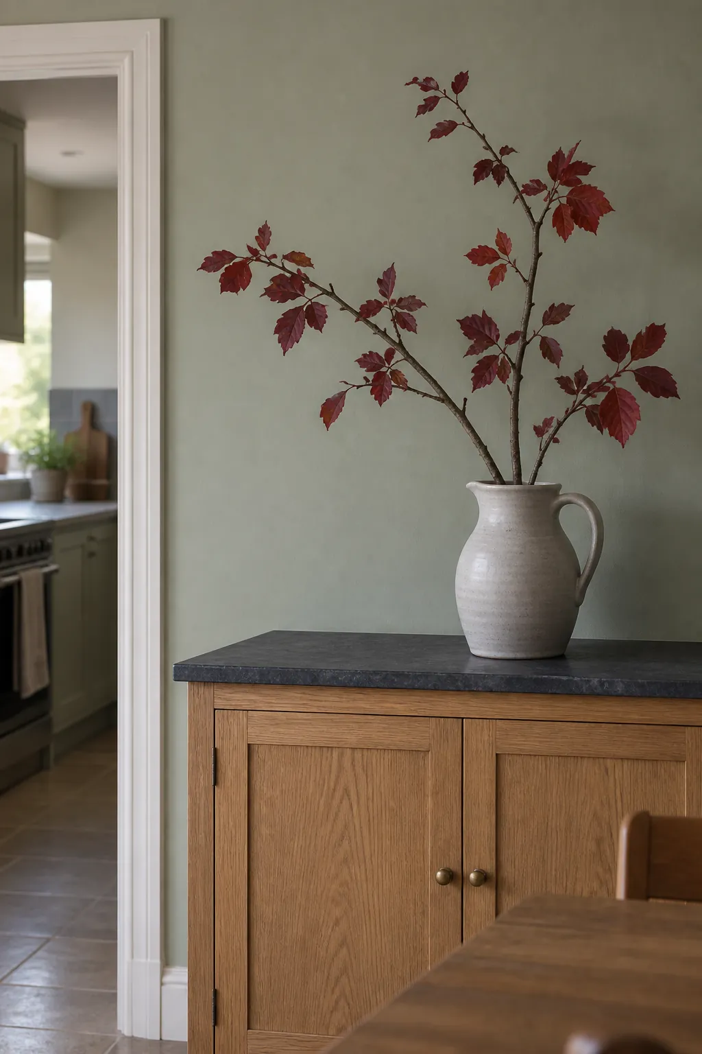 A branch pitcher on the sideboard for practical fall kitchen decor