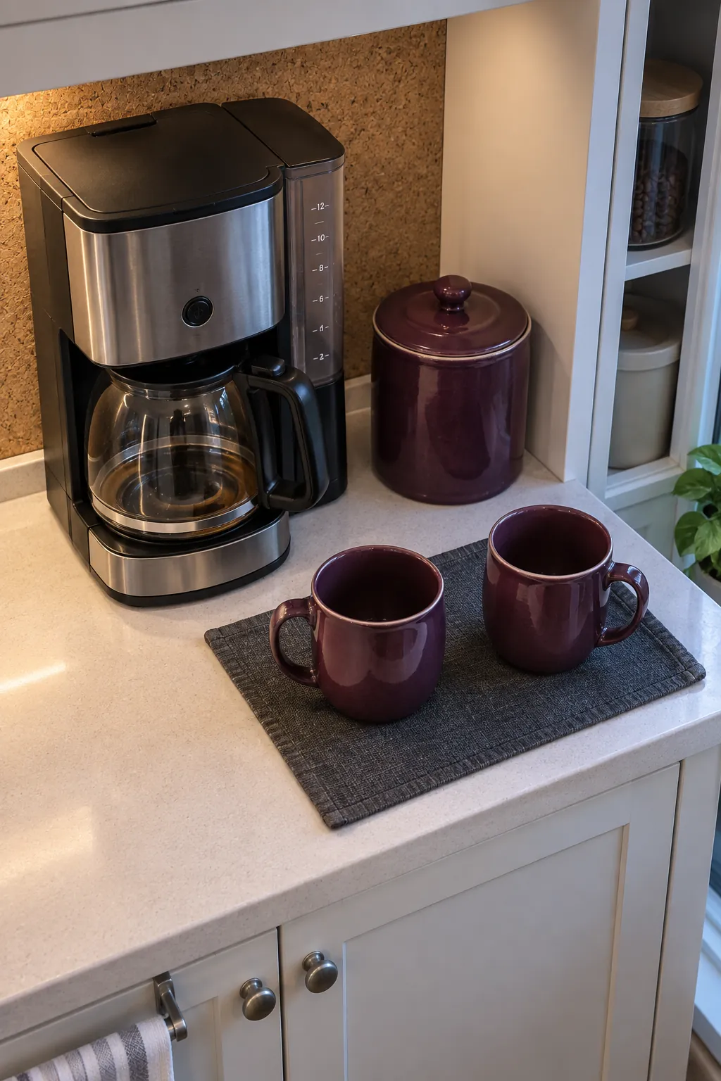 A coffee bar with a restrained seasonal swap for practical fall kitchen decor