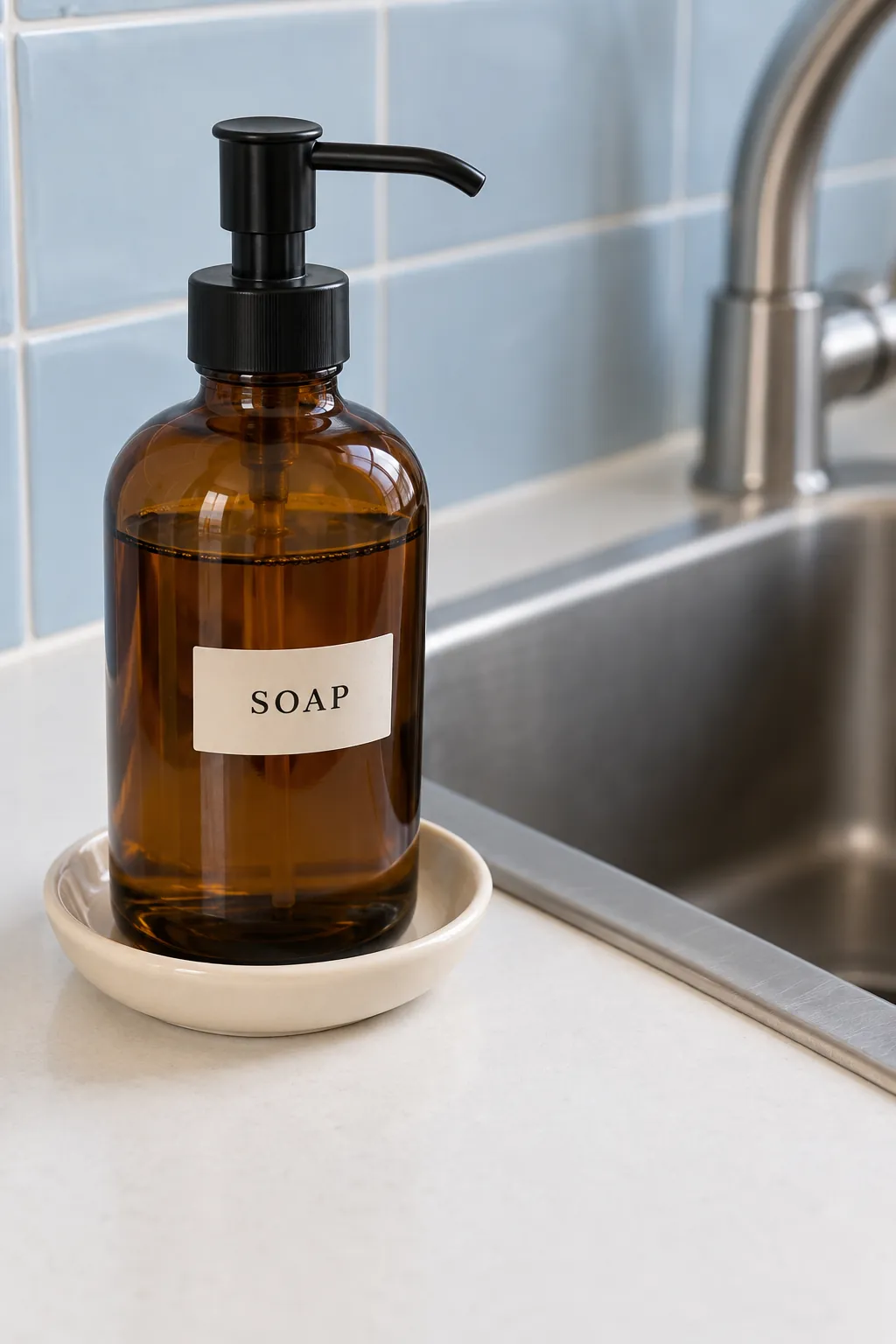 Amber soap bottles with a drip tray for practical fall kitchen decor