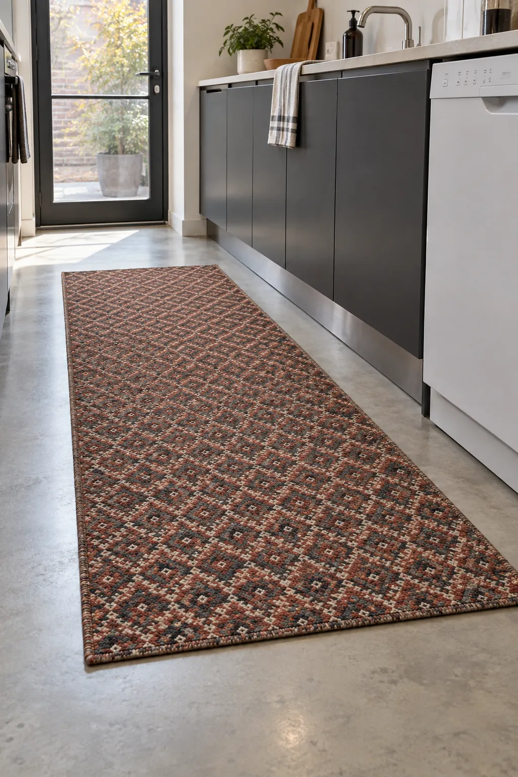 A washable runner beside the sink for practical fall kitchen decor