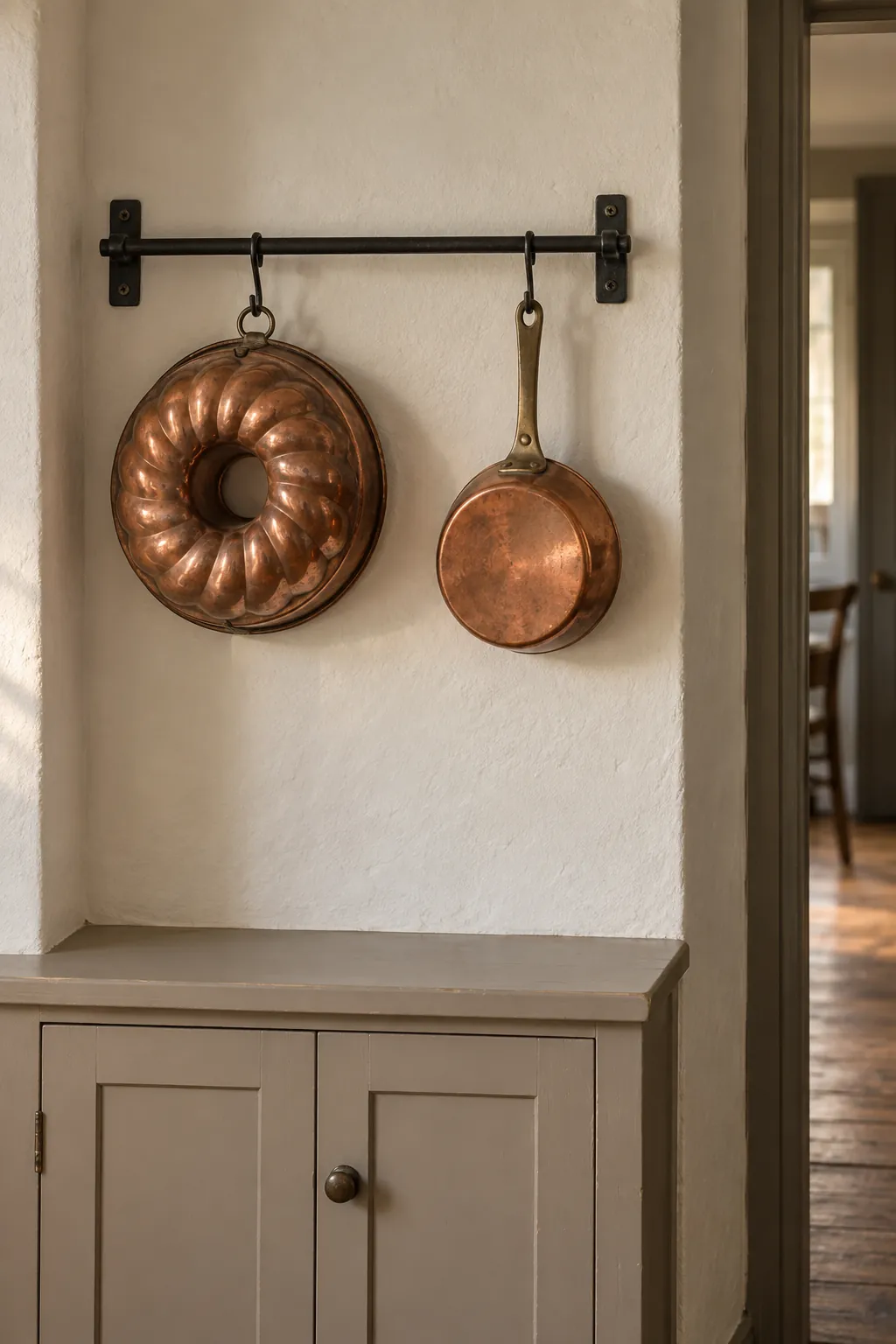 Copper bakeware on a secure rail for practical fall kitchen decor