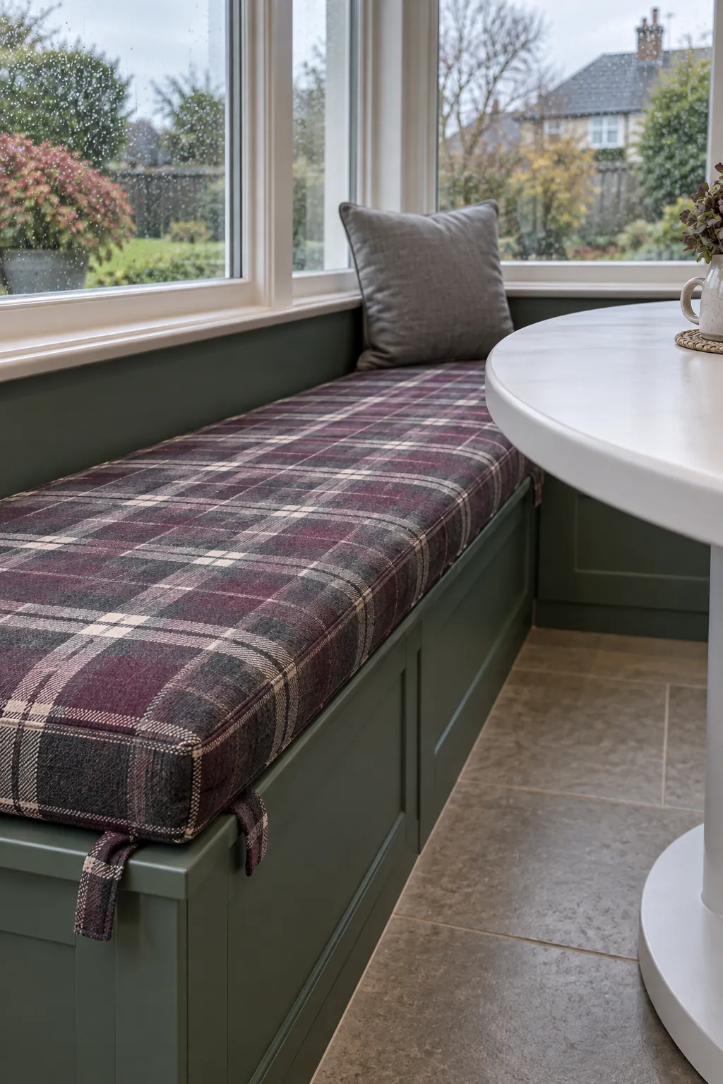 Plaid cushions for a kitchen bench for practical fall kitchen decor