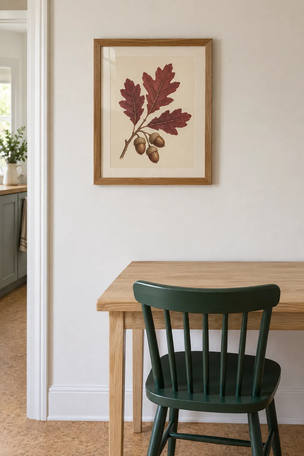 A botanical print on the breakfast wall for practical fall kitchen decor