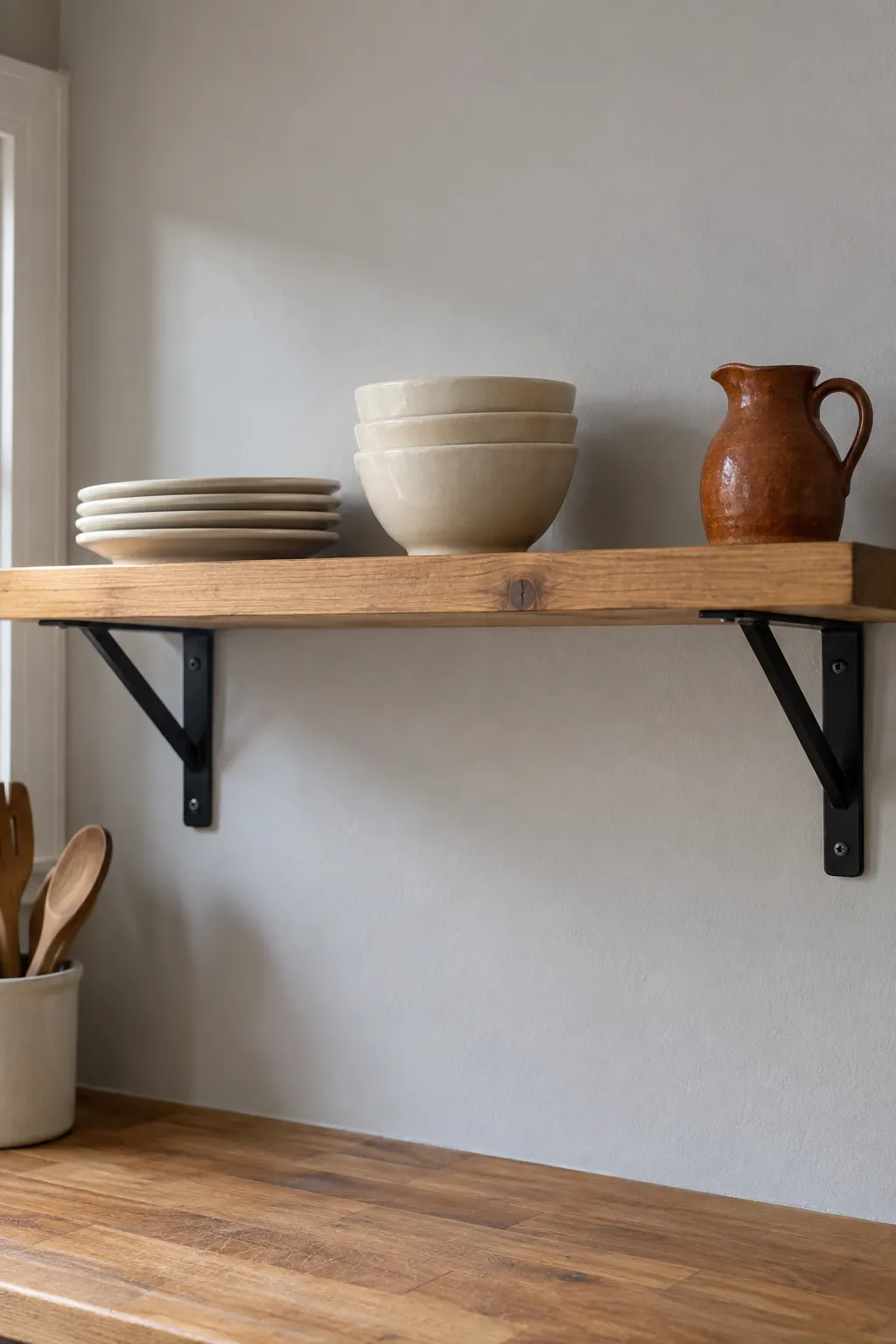 A shelf edit with cream pottery for practical fall kitchen decor