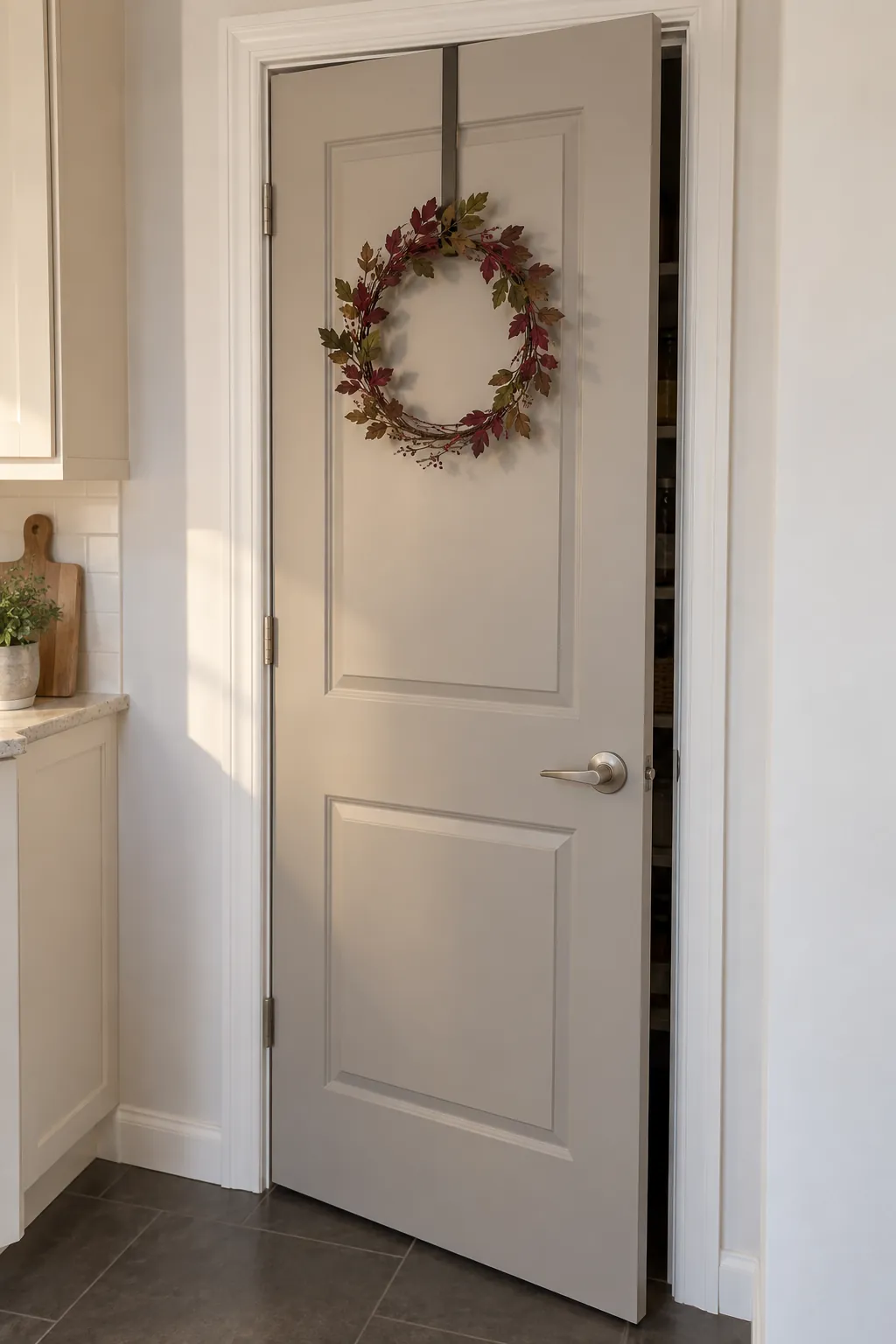 A small wreath on the pantry door for practical fall kitchen decor