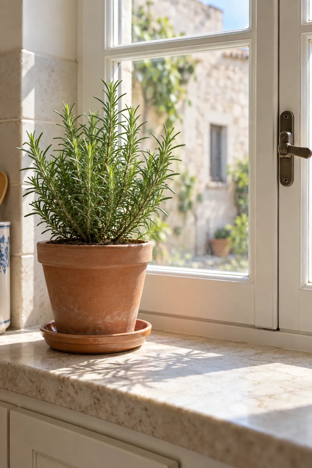 A rosemary pot in an earthy planter for practical fall kitchen decor