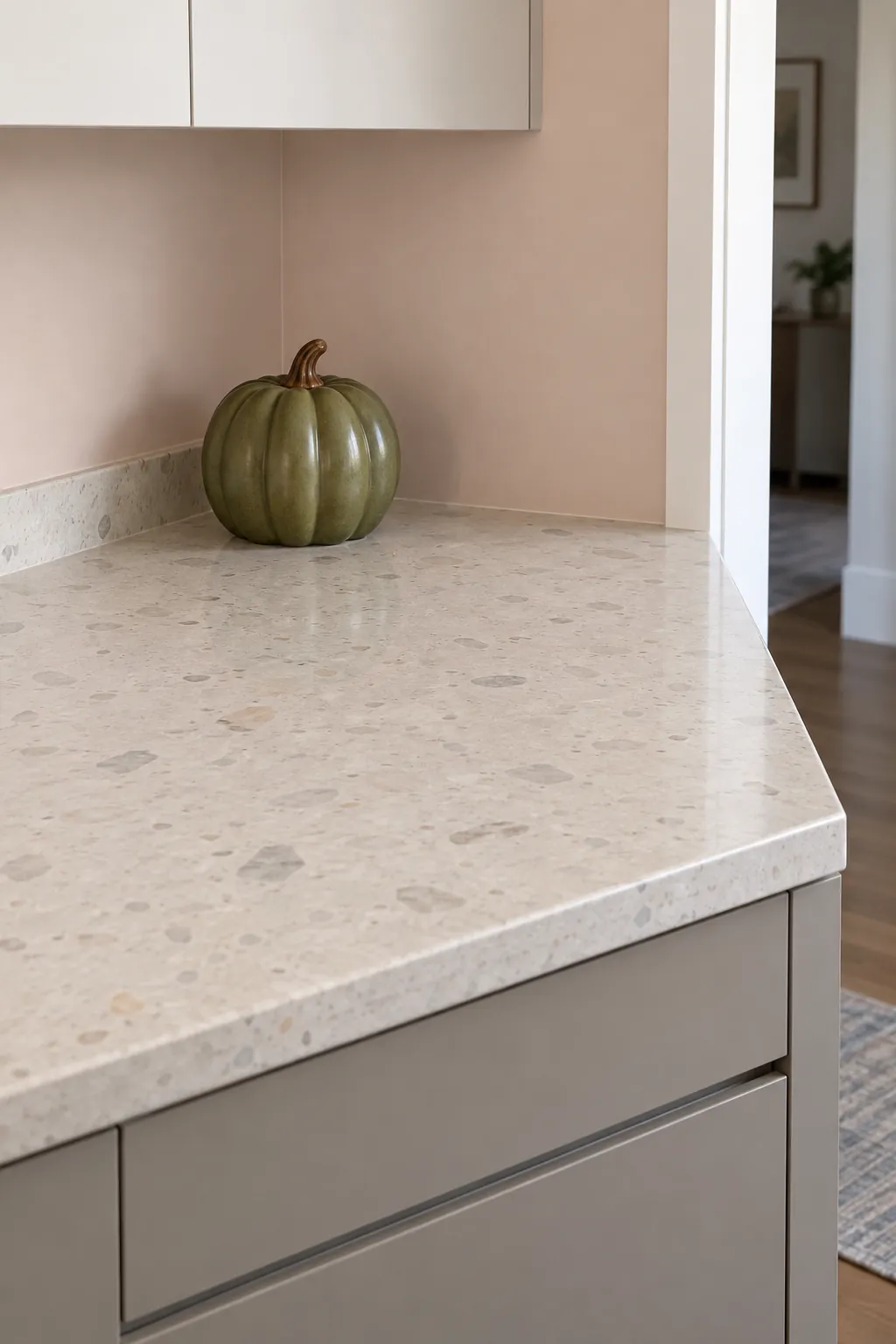 One sculptural pumpkin in a quiet corner for practical fall kitchen decor