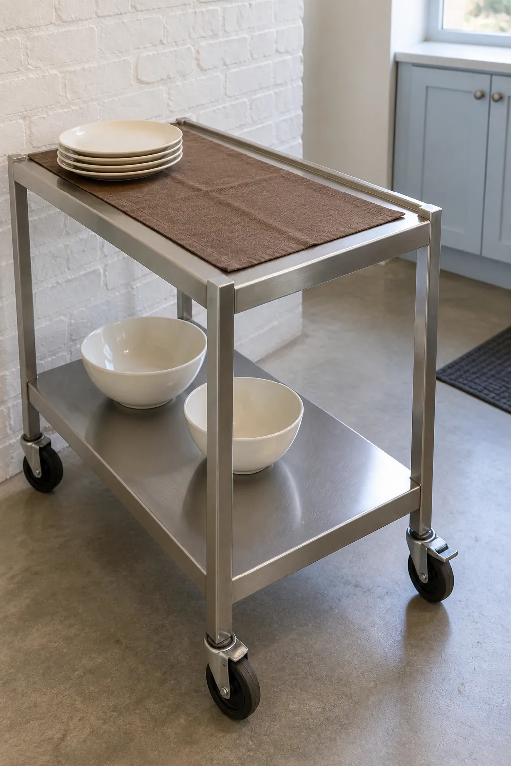 A narrow linen runner on a serving cart for practical fall kitchen decor