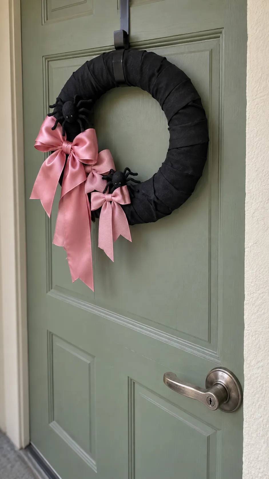 A ribbon wrapped wreath in black and pink Halloween decor