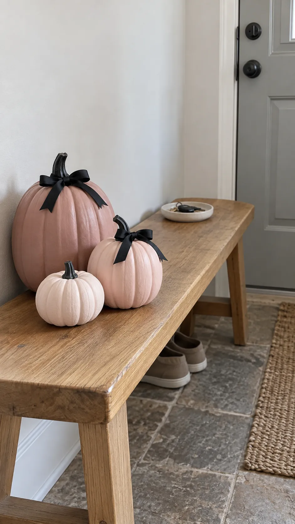 Blush pumpkins with black ribbon in black and pink Halloween decor