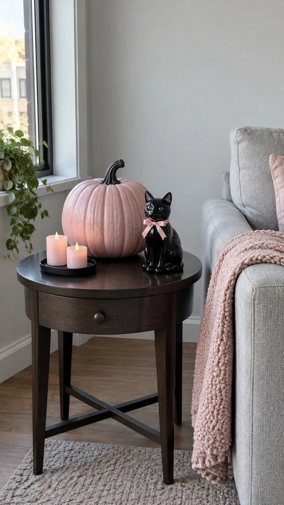 Black and pink Halloween accents beside a gray sofa