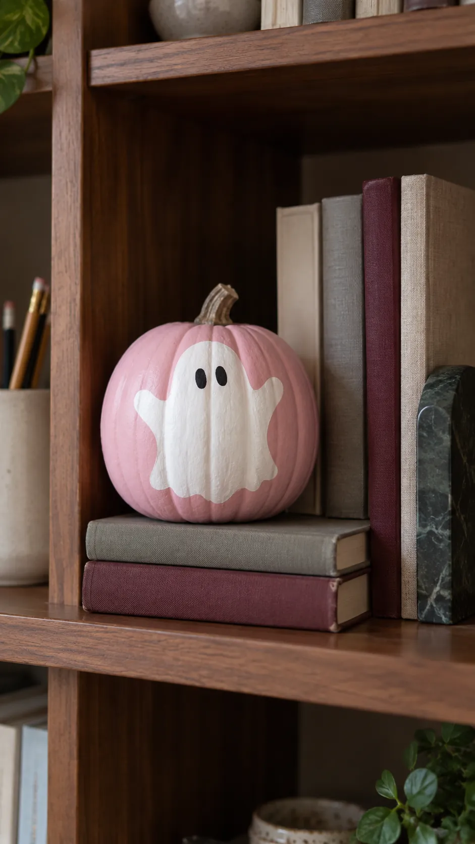Pink ghost pumpkins on a shelf in black and pink Halloween decor