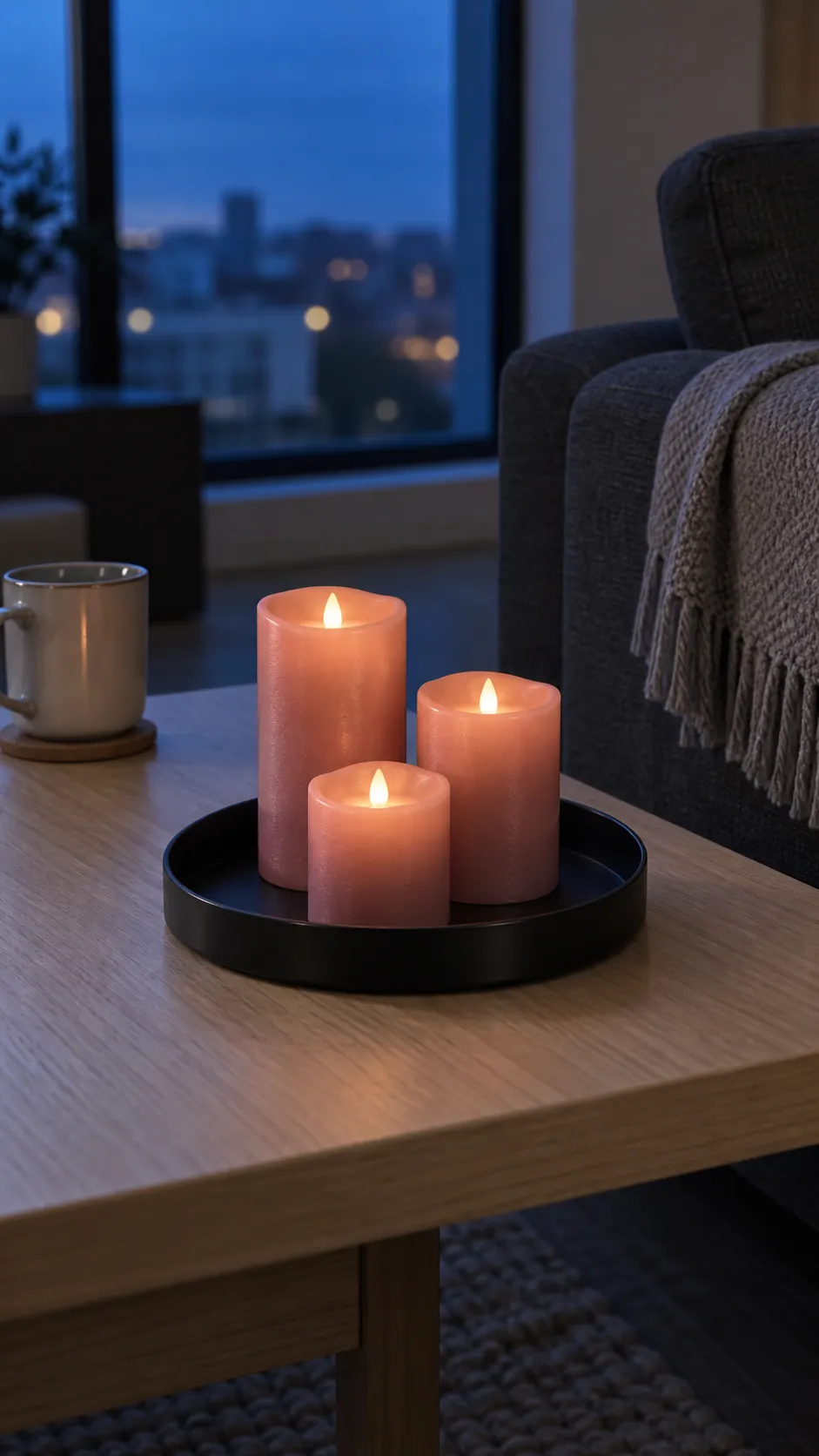 A cluster of flameless pink candles in black and pink Halloween decor
