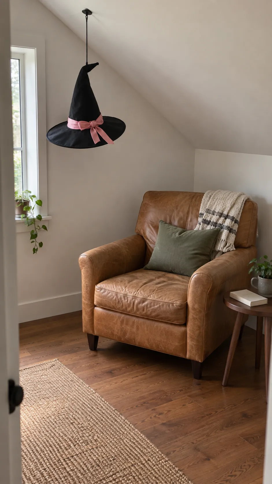A witch hat above a reading chair in black and pink Halloween decor
