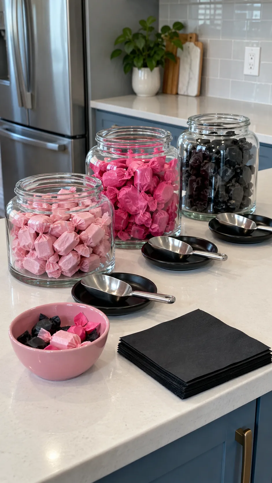 A candy station with matching scoops in black and pink Halloween decor