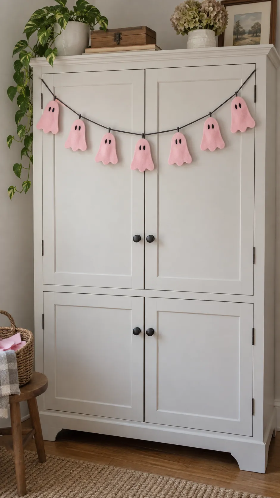 A felt ghost garland in black and pink Halloween decor