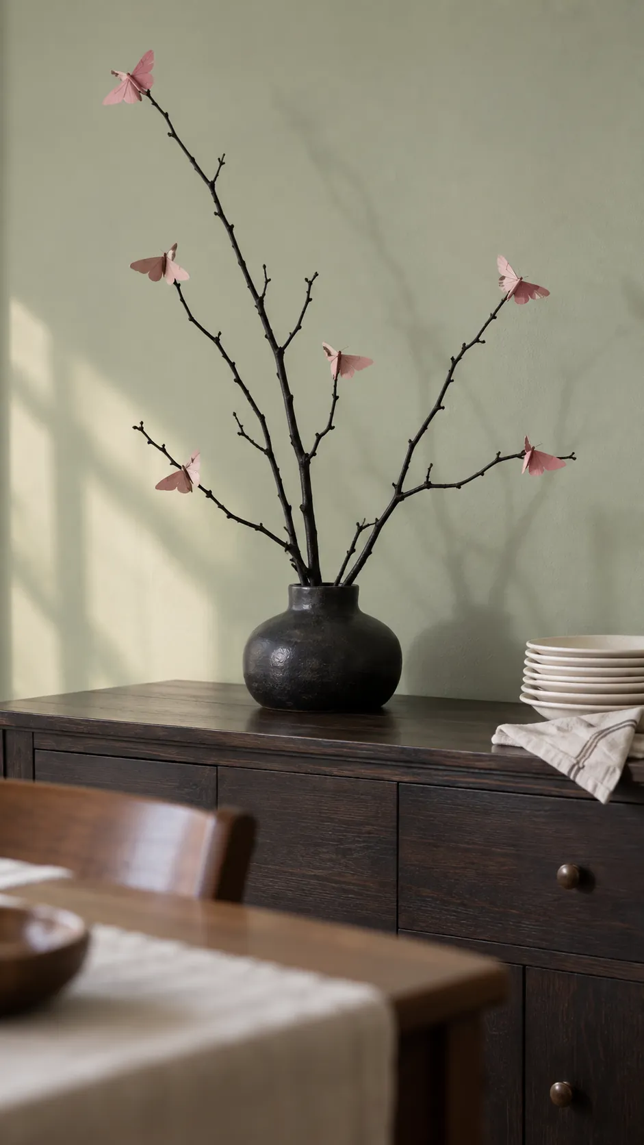 A black branch centerpiece in black and pink Halloween decor